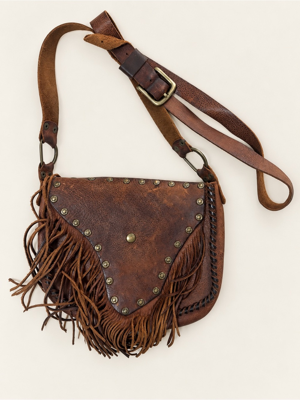 Vintage Brown Leather Fringe Crossbody Bag | Western Boho Studded Purse
